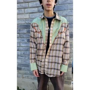 1970s plaid western pearl snap button down